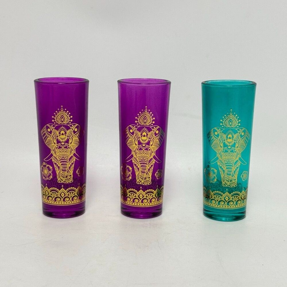 TMD Retail Elephant Print Tall Shooters 2oz Shot Glasses Purple and Teal 3 Pcs